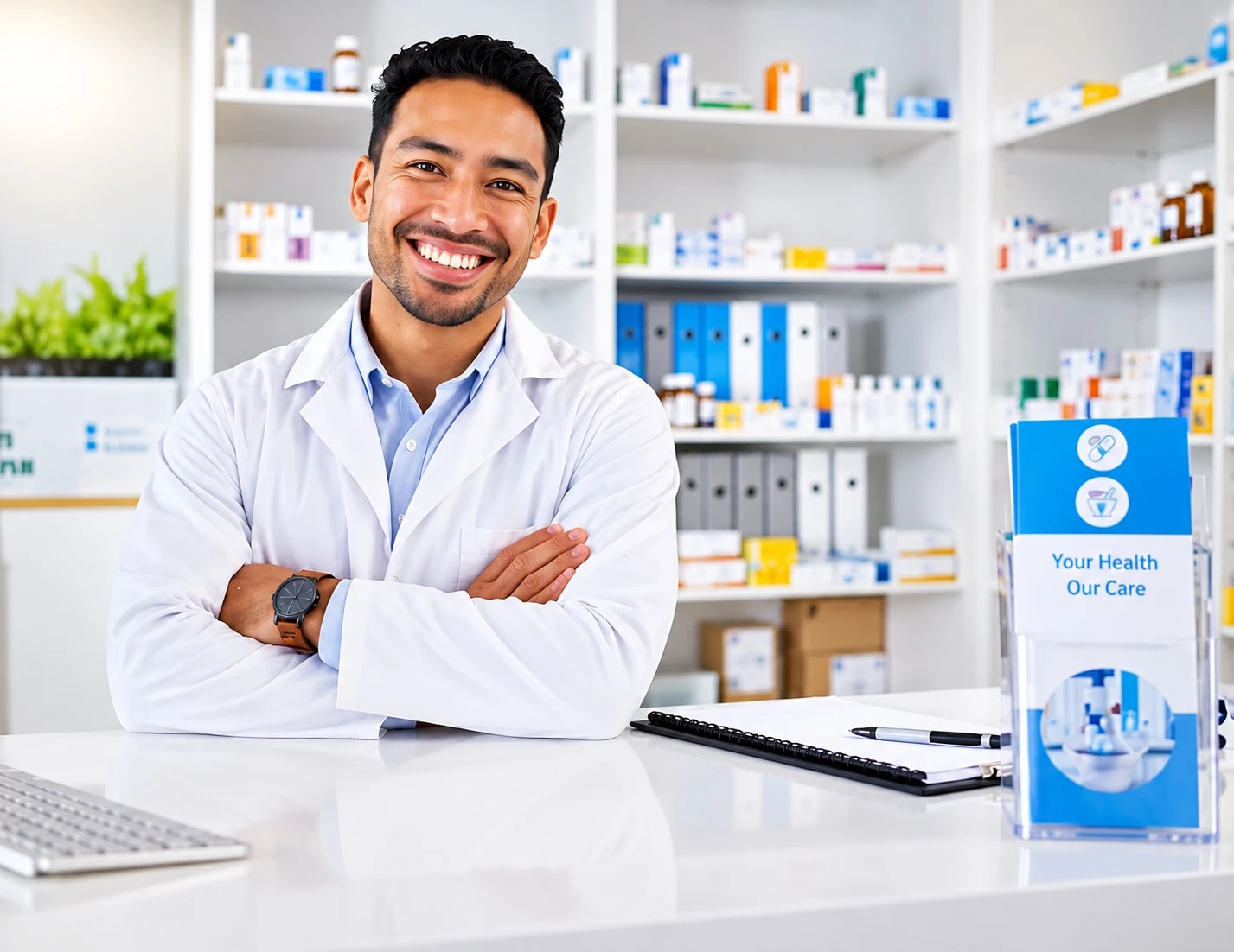 A smiling pharmacist with arms crossed behind the pharmacy counter